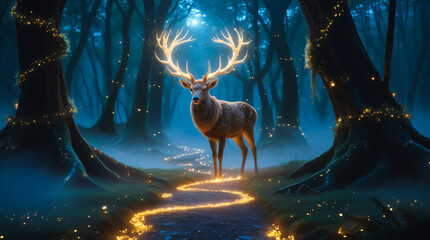 Mystical glowing stag. Luminous path in an enchanted misty forest. Shimmering antlers. Magical fireflies. Cinematic lighting. For fantasy art, book covers, wallpapers, posters, website, meditation