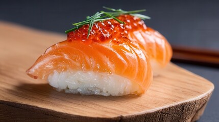 A Symphony of Salmon, Roe, and Rice on a Wooden Platter