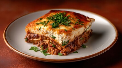 Delightful Moussaka, a Greek Culinary Masterpiece, Plated on a Bronze-Edged White Plate