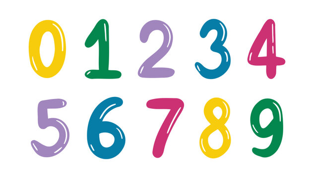 Naklejki kids numbers colorful positive funny hand drawn from 1 to 0 set. Kids decor number