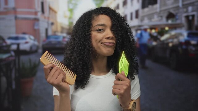 African american woman holds wooden comb and green pick as she compares hair tools on bustling street; indecision.