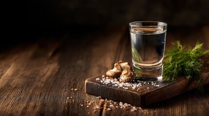 Toast of the Evening a Classic Eastern European Way Vodka, Salted Mushrooms, and Dill on a Rustic Wooden Board Create a Rich Taste