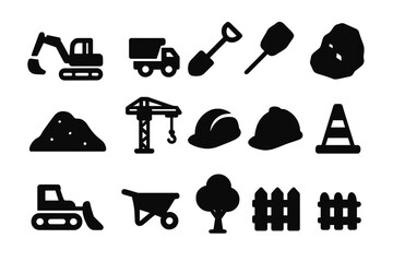 Earthworks Icon Set. Earthworks. Solid icon set of earthworks: excavator, dump truck, shovel, rock, soil pile, crane, helmet, cone, bulldozer, wheelbarrow,