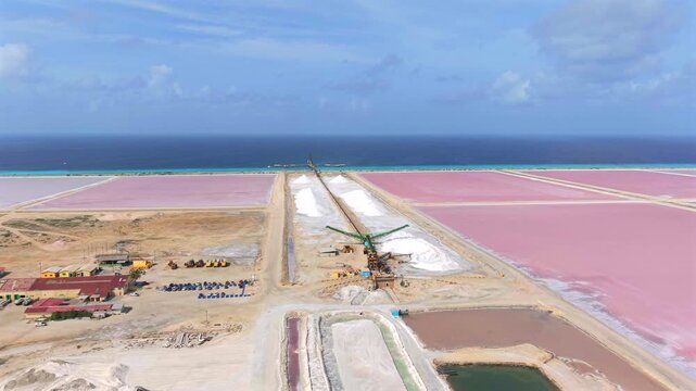 Aerial view of pink salt ponds and white salt mounds in Bonaire