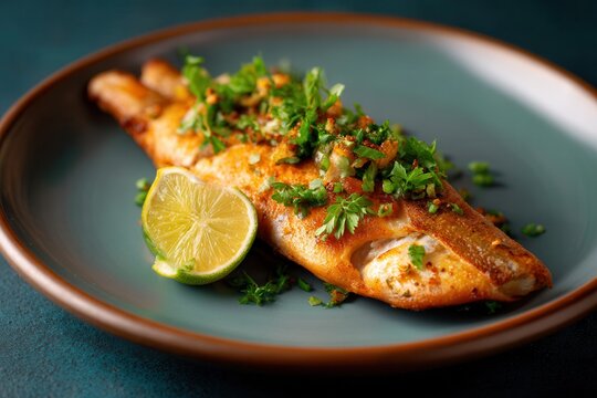 Fried Trucha on a Lake Blue Plate From the Andes, Adorned With Fresh Herbs and a Zesty Lime Wedge