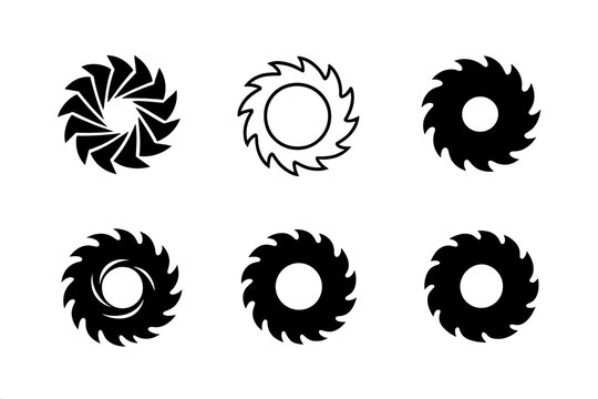 Power Saw Blade Logos. Power saw blade. Icon set. Set Logo of Power Saw Blade: abstract blade forming circular energy symbol. harmonious logo variations of the