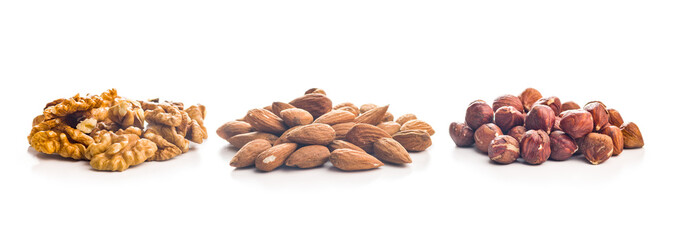 Peeled walnut, hazelnut and almond kernels isolated on white background.