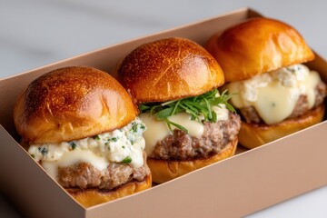 Trio of Tantalizing Tiny Tastes Three Burger Sliders Sit Snugly in a Cardboard Box, Ready to Be Devoured