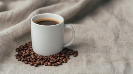 Still Life With Strong Black Coffee Sitting on a Bed of Roasted Coffee Beans on Textured Linen