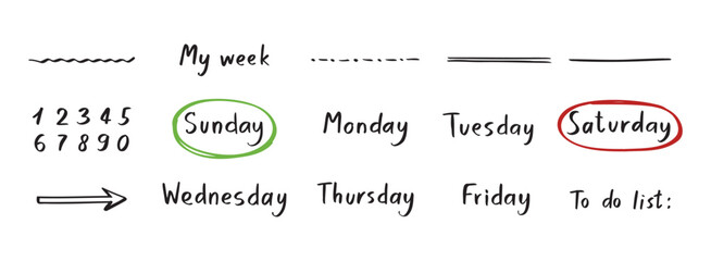 My week handwritten names days and numbers, underlines. Doodle hand drawn set