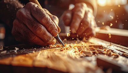 Detailed View of a Skilled Artisan's Hands Carving Wood with Flying Chips in Warm Light