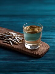 Tuak Tranquility Awaits Next to Pile of Anchovies on a Wooden Surface Against Teal Backdrop