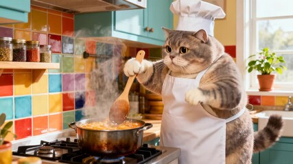Cat wearing a chef hat and apron stirs a pot of soup on a stove. Whimsical culinary scene in a colorful home kitchen. Video with subtle panning and tilting, medium shot.