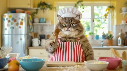 Fluffy domestic cat chef preparing ingredients in a bright home kitchen. Animal wearing apron and hat engaged in baking activity. Stable shot with panning and tilting camera movements.