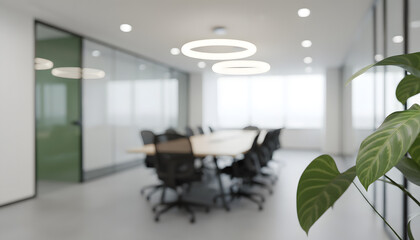Modern Conference Room: Capturing the modern conference room, minimalist design and bright, open space. Focus on business meeting environment with desk and chairs ready for meeting