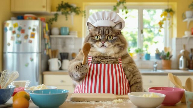 Fluffy domestic cat chef preparing ingredients in a bright home kitchen. Animal wearing apron and hat engaged in baking activity. Stable shot with panning and tilting camera movements.