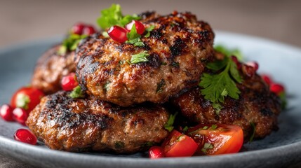 Delectable Chapli Kebab Presentation Garnished With Fresh Cilantro and Vibrant Pomegranate Seeds, Ready to Eat