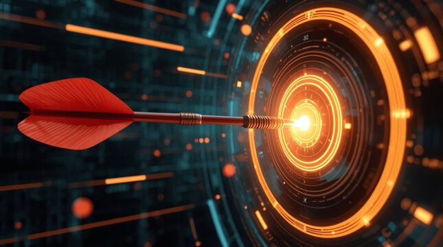 Red dart hitting the glowing orange digital target, symbolizing precision, focus, innovation and successful goal achievement in futuristic technology and data strategy