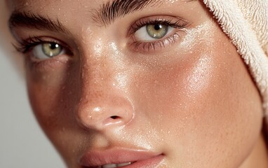 Close-Up Portrait Showcasing a Youthful Woman&rsquo;s Hydrated, Radiant, and Flawless Skin, With a Towel Wrapped Around Her Head