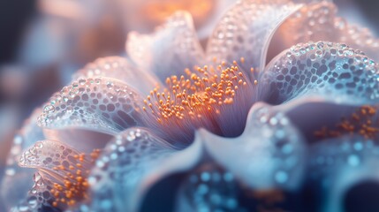 Beautiful close-up view of a delicate flower with shimmering petals and vibrant stamens showcasing intricate details in soft lighting