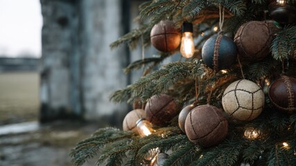 Vintage ball ornaments adorning festive christmas tree outdoors