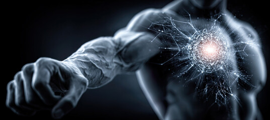 Human body with glowing heart and digital network