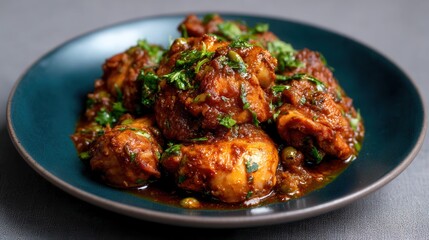 Savory Chicken Tagine, Simmering With Preserved Lemon and Fresh Herbs, Served on a Turquoise Plate