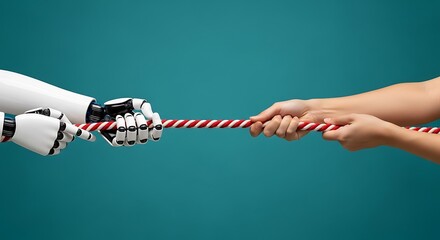 a visual representation of the ongoing conflict between human capability and the increasing power of artificial intelligence depicted through a tug of