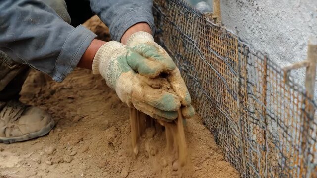 Closeup medium shot of a professional installing physical barriers made of metal mesh and sand to block termite entry into a residential structure.