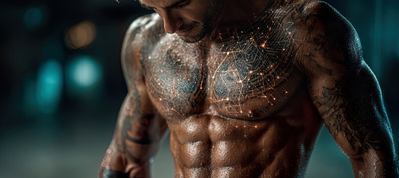 Muscular man with glowing network skin technology