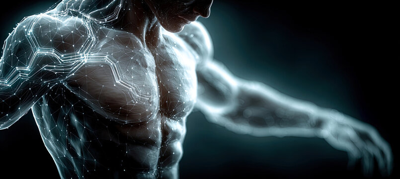 Human body transforming into a digital network system