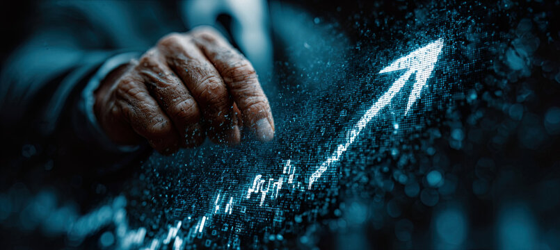 Business person hand pointing digital stock market chart