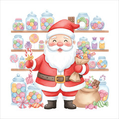 Santa Claus in candy shop, watercolor Christmas vector, isolated on white background
