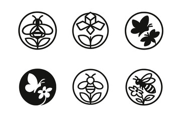Insect Pollination Logos. insects in pollination. Icon set. Set Logo of insects in pollination: pollination ecosystem circle. harmonious logo variations of the