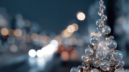 Elegant glass bubble christmas tree with twinkling lights on a festive street