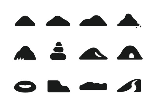 Mound Icons Grid. Mound. Solid icon set of Mound: earth heap, hillock, berm, soil pile, grassy knoll, stone cairn, dune, barrow, crater rim, terrace step,
