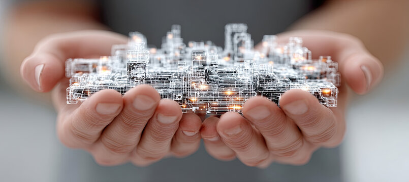Hands holding glowing futuristic smart city wireframe model - Powered by Adobe
