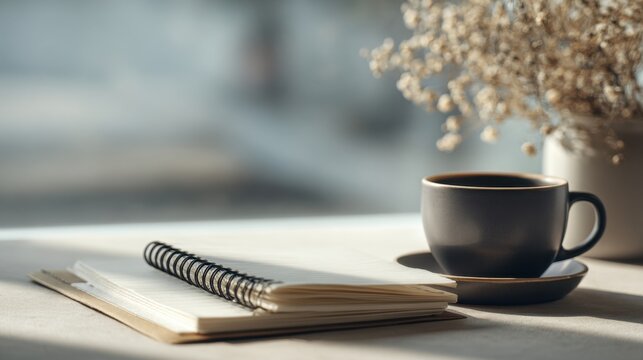 Cozy morning workspace with coffee cup and notebook by window - Powered by Adobe