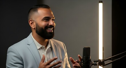 a professional man with a beard is smiling while speaking into a microphone illuminated by a studio light