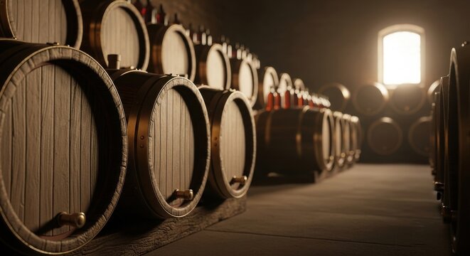 Wine Cellar with Rows of Oak Barrels Aged in Darkness