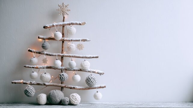 Minimalist wooden christmas tree with handmade ornaments on a rustic background