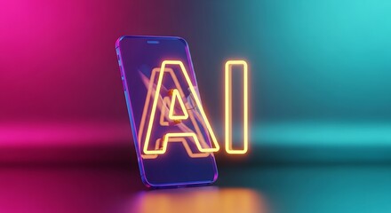 A brightly lit smartphone displaying a neon ai symbol with a colorful gradient background represents artificial intelligence technology and innovation