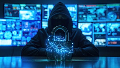 Hacker in dark room behind padlock glowing with blue lights symbolizing cybersecurity, data protection and digital threat awareness