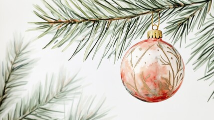 Beautifully decorated Christmas ornament hanging on pine tree branches in a cozy holiday setting