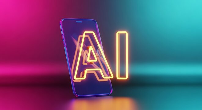A brightly lit smartphone displaying a neon ai symbol with a colorful gradient background represents artificial intelligence technology and innovation