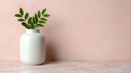 Still Life Composition Featuring White Ceramic Vase With Green Sprigs on Pink Marble Surface Creating a Minimalist Scene