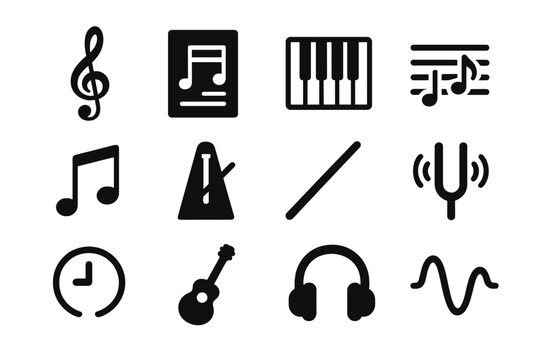 Musical Composition Icons. Musical Composition. Solid icon set of Musical Composition: treble clef, sheet music, piano keys, notes, staff lines, metronome,