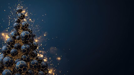 Futuristic christmas tree made of floating black geometric spheres with golden sparks