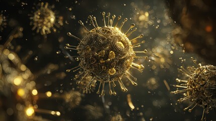 Abstract representation of golden spherical structures with spiky projections floating in a dark background with glowing particles