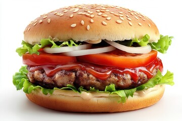 Delicious, Appetizing Beef Burger, Full of Fresh Toppings, Sitting Against a Plain White Background, Looking Ready to Eat